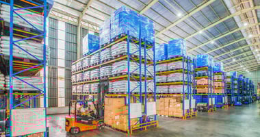 Warehouse filled with stored goods monitored by Asset Simple, providing inventory protection and real-time monitoring of inventory conditions.