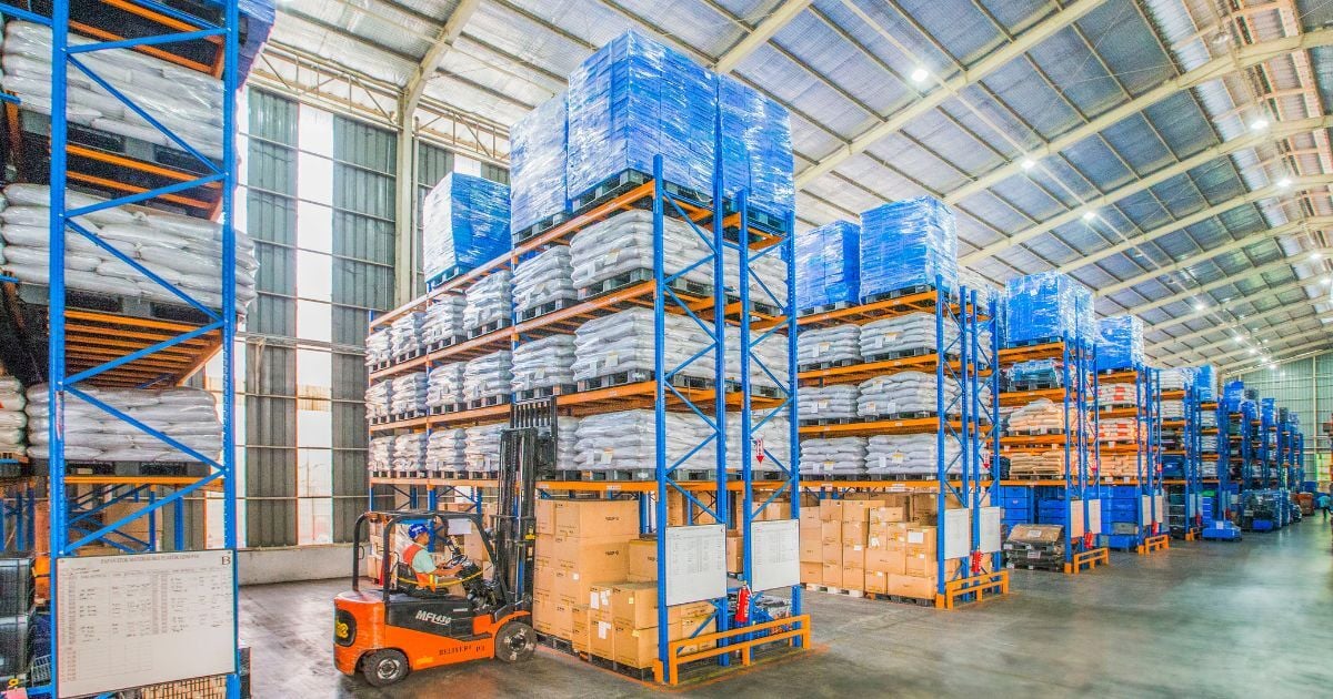 Warehouse filled with stored goods monitored by Asset Simple, providing inventory protection and real-time monitoring of inventory conditions.
